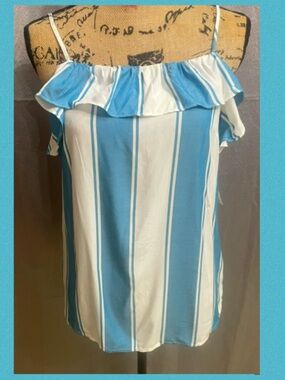 Old Navy Blue and White Striped Ruffle Cold-Shoulder Cami